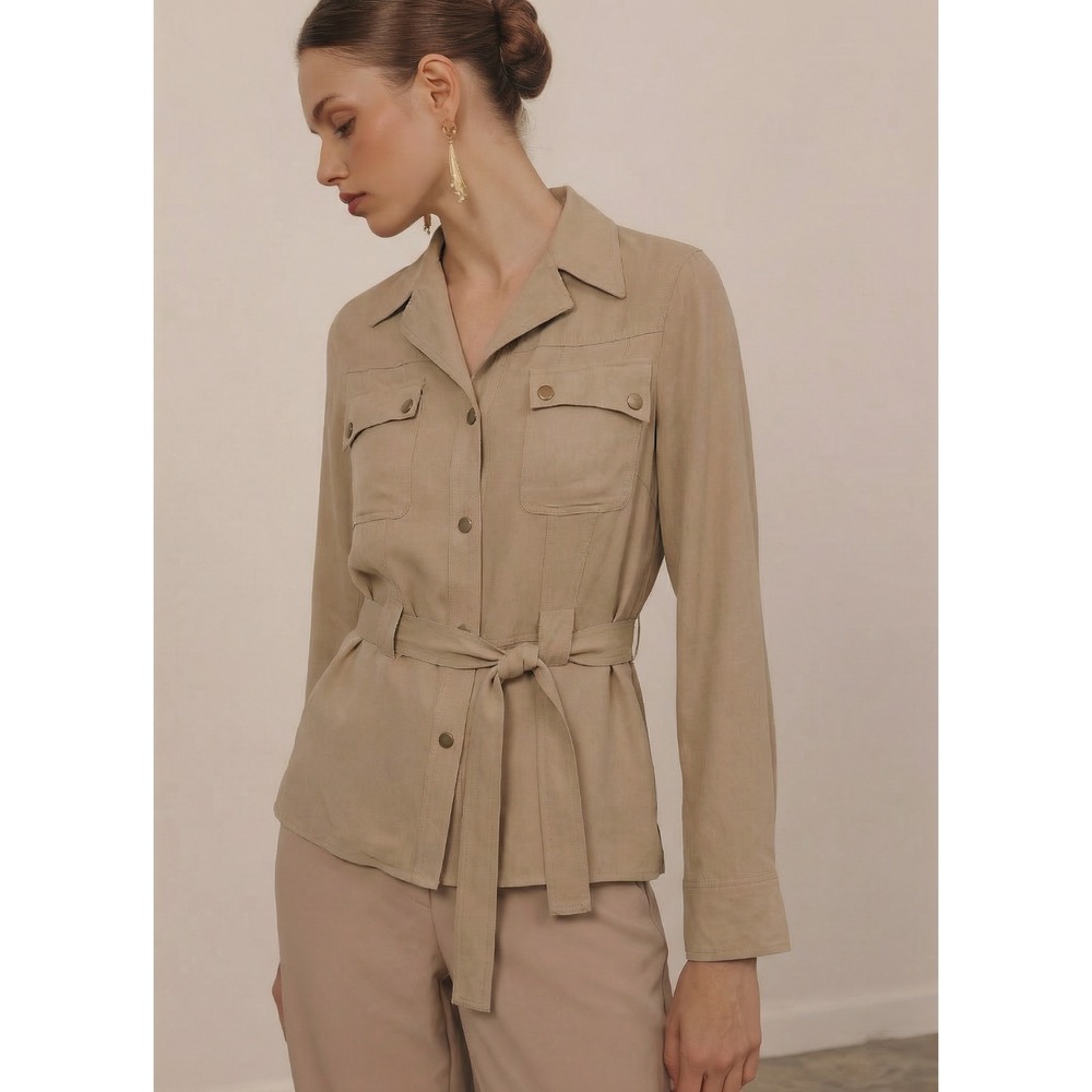 Georgiou Studio Vintage 100% Silk Tan Belted Snap Front Lightweight Jacket Sz 6
